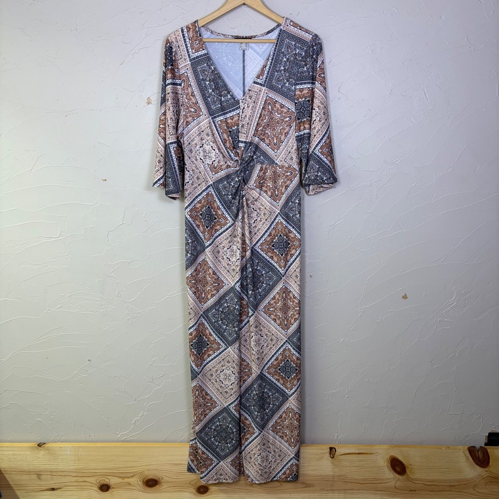 Venus Maxi Dress Womens Size M Brown Paisley Geometric‎ Knot Front Boho Chic